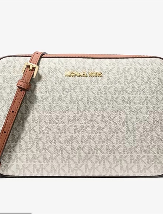 Michael Kors Handbags - Michael Kors Beige Monogram Crossbody with Brown Leather Trim